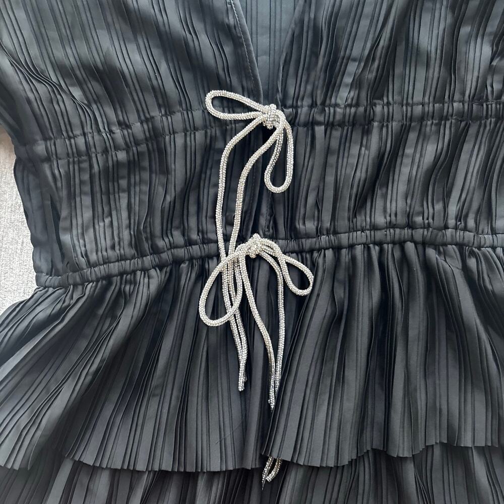 NWT WAYF Tiered Ruffle Satin Black Mini Dress - Picture 7 of 7